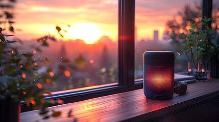 Amplify the sophistication of a smart speaker, set against the warm hues of sunset, as HDR accentuates its seamless integration into the modern home