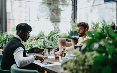 Multiracial businessmen engaged in a serious business meeting at a cafe.