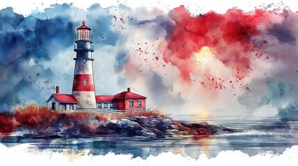 Surreal Watercolor Lighthouse Scenery