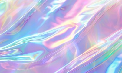 Iridescent Silk Texture, Fluid Holographic Waves on Abstract Pastel Background with Copy Space