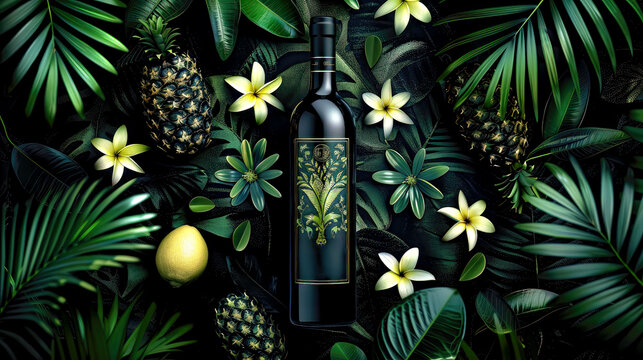Dark wine bottle tropical theme, pineapple lemon flowers greenery still life, alcohol beverage exotic botanical arrangement