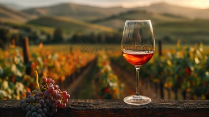 Wine Glass Overlooking Vineyard at Sunset - obrazy, fototapety, plakaty