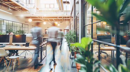 The hustle of professionals moving through a sunlit modern office environment, encapsulating the energy of corporate life