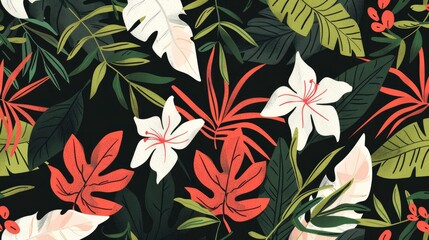 A seamless pattern of colorful leaves and plants, creating an exotic jungle-inspired design with vibrant pink foliage and white flowers on a black background