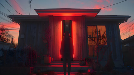 Capture the essence of a smart doorbell, its sleek design highlighted by HDR against the backdrop of both bright daylight and dim evening glow