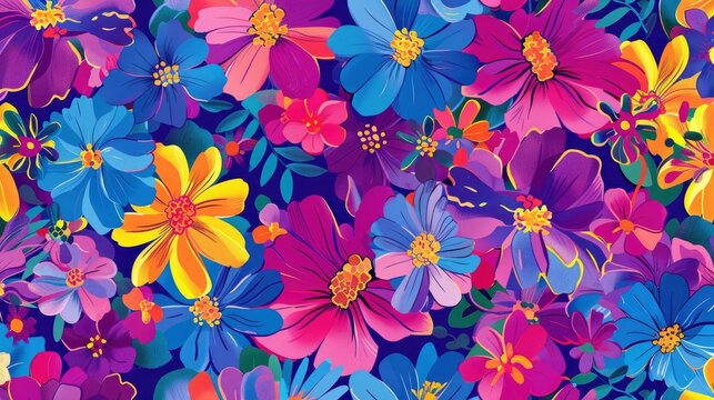 A seamless pattern of colorful flowers, with bright colors and bold shapes, reminiscent of the hippie era. The background is a vibrant blue color