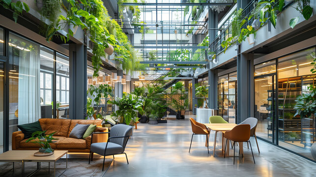 A serene office lounge with lush vertical gardens, blending productivity with a tranquil, green atmosphere