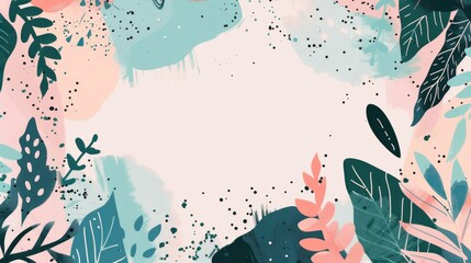 abstract background with organic shapes and plants, simple flat illustration in the style of muted colors and natural tones, with simple geometric elements and light pink and dark teal colors
