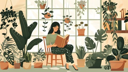 Young woman reading book in room with different home plants, flat style.