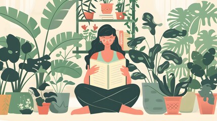 Young woman reading book in room with different home plants, flat style.