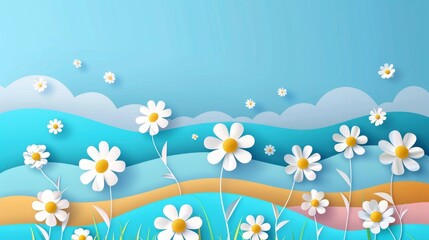 Fototapeta na wymiar Abstract background with paper cut flowers, illustration. Background design for spring or summer advertising banner template with copy space and daisies on blue sky