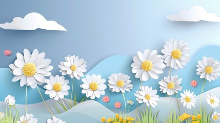 Abstract background with paper cut flowers, illustration. Background design for spring or summer
