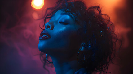 dramatic portrait of a musician lost in the emotion of their performance, bathed in the glow of stage lights