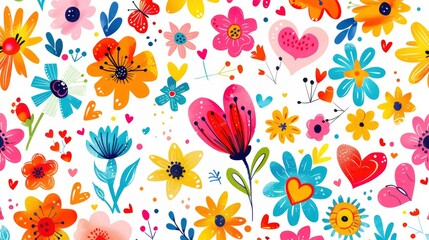 seamless pattern, cute colorful flowers and hearts on a white background, flat illustration in high resolution with high details, professional design, digital art