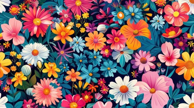 Seamless pattern of colorful cartoon flowers, illustration, colorful background, flat design, highly detailed, digital art, high resolution, high detail, seamless pattern
