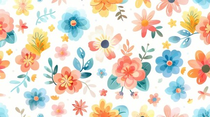 Seamless spring floral pattern with cute cartoon flowers and leaves in pastel colors on white background 