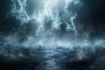 Abstract image of dark room concrete floor. Black room or stage background for product placement.Panoramic view of the abstract fog. White cloudiness, mist or smog moves. generative ai.