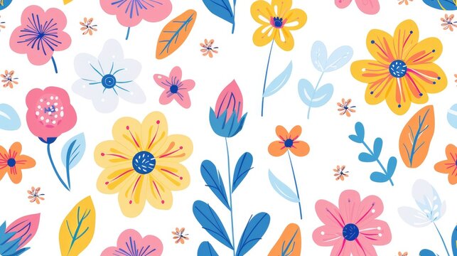 Seamless spring floral pattern with cute cartoon flowers and leaves in pastel colors on white background 