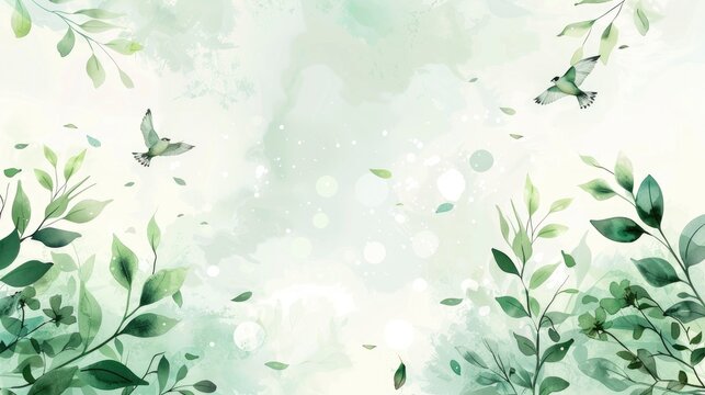 Spring background with green leaves and white space for text  illustration, in the style of Japanese minimalism, with pastel colors, spring motifs