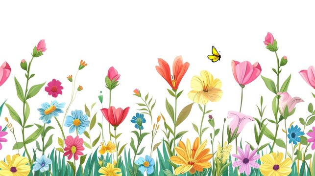 Spring colorful flowers border with white background  illustration, clip art for graphic design , flat style, colorful