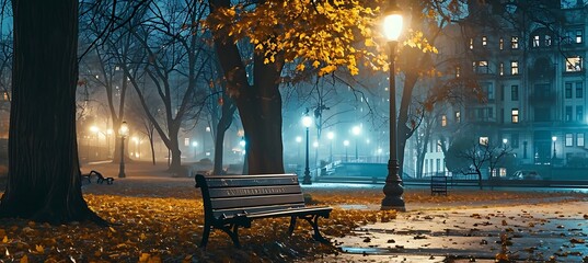 Solitude in the City: A Serene Scene of a Lonely Park Bench Bathed in the Gentle Illumination of a Street Lamp, Inviting Contemplation and Reflection Amidst Urban Tranquility - obrazy, fototapety, plakaty