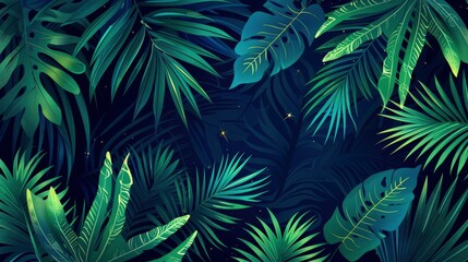 flat illustration of blue and green palm leaves pattern, background, detailed, high resolution, professional photograph