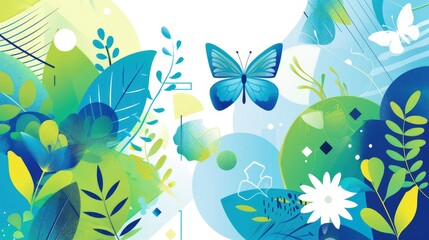 Vector illustration of spring, flat design with geometric shapes and lines in blue, green and white colors