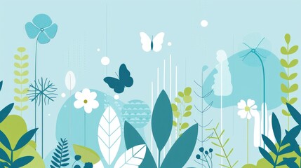 illustration of spring, flat design with geometric shapes and lines in blue, green and white colors