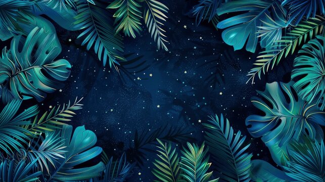 flat illustration of blue and green palm leaves pattern, background, detailed, high resolution, professional photograph, The ultra wide angle lens captures the entire scene