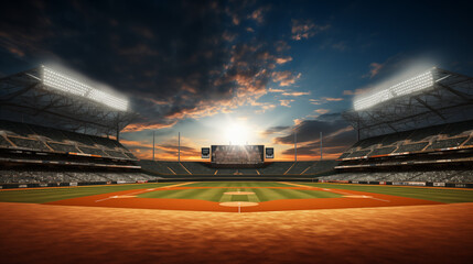 Dramatic Sunset Over Empty Baseball Stadium - obrazy, fototapety, plakaty