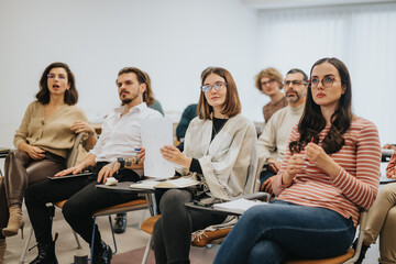 Engaged men and women participate in a business development session, attentively listening and...