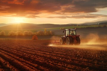 Tractor working in field at sunset, hoeing soil, agricultural works