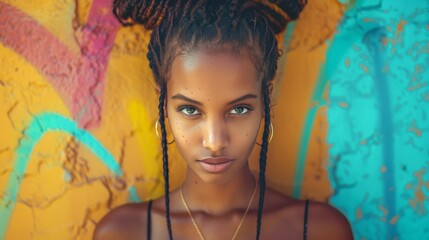 a black womans face, Hip hop street wear, colorful background