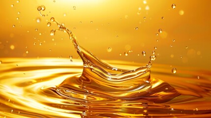 Splashes and drops of liquid oil. Fresh Olive or motor engine oil eco nature golden color close-up....