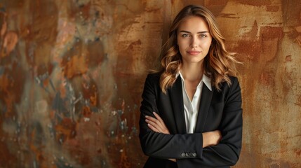 Fototapeta na wymiar blond business woman with arms folded, golden brown background, copy space
