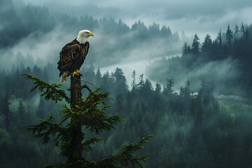 Majestic Bald Eagle Overseeing the Lush Northwest Wilderness Landscape - obrazy, fototapety, plakaty