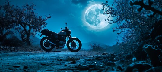 Moonlit Desert Landscape: Mesmerizing Silhouette of a Bike Amidst the Sands, Evoking Adventure and Serenity, Perfect for Inspirational and Tranquil Concepts in Travel, Exploration, and Freedom - obrazy, fototapety, plakaty