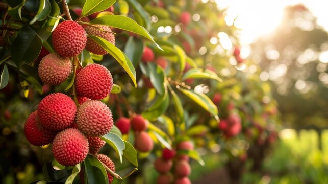 Commercial lychee orchard cultivation and harvesting. Ripe lychee fruits hanging on a tree in a plantation garden.