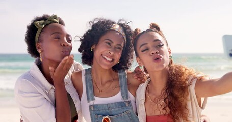 Friends, women and selfie on the beach with adventure, fun outdoor and happy for social media post. Memory, photography and influencer group with travel, playful and smile in picture on holiday