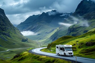 Modern motorhome goes on an adventurous road trip against the backdrop of an incredibly beautiful...