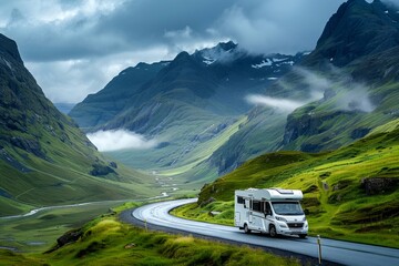 Modern motorhome goes on an adventurous road trip against the backdrop of an incredibly beautiful mountain valley landscape