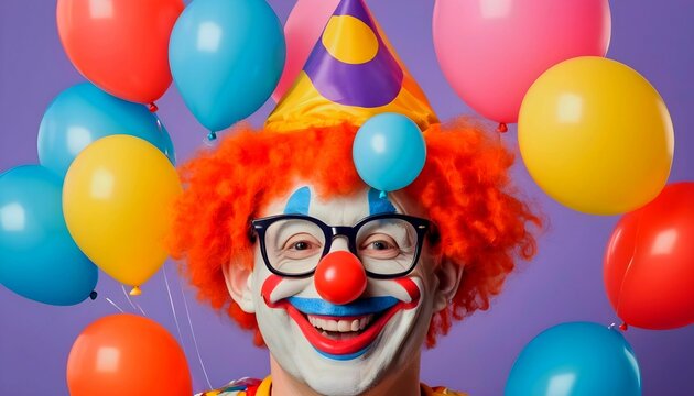 Funny & Emotional young man with party glasses and clown nose on yellow background for April fool's day created with generative ai.	