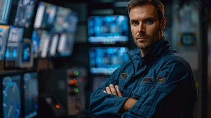 Confident caucasian man in blue coveralls with arms crossed in high-tech control room, multiple screens, serious expression.