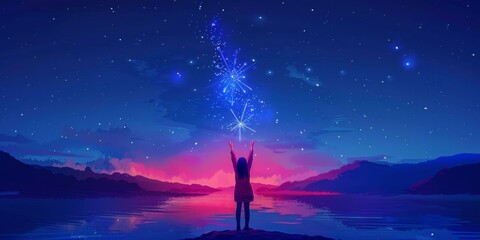 Fototapeta na wymiar Girl under starry sky touching zodiac constellation over serene lake with vibrant sunset. Fireworks, Fantasy, astrology, tranquil scenery. Copy space.