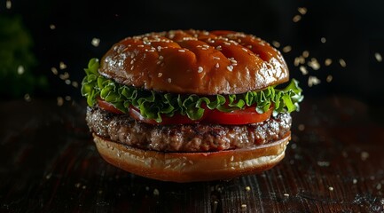 Yummy Burger with Dynamic Particles on Background. Fast Food Advertising Concept