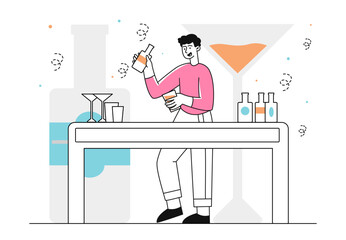 Bartender with alcoholic drinks vector linear
