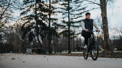 A young male teenager riding his bicycle through a serene park with trees and fallen leaves around.