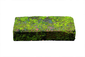 Mossy red bricks on an isolated white background