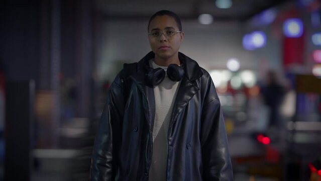 Urban Lifestyle Portrait of Cool Stylish Female Person Traveling