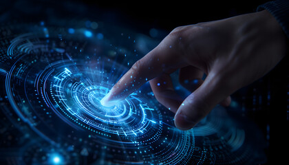 Hand touching futuristic technology digital hologram
